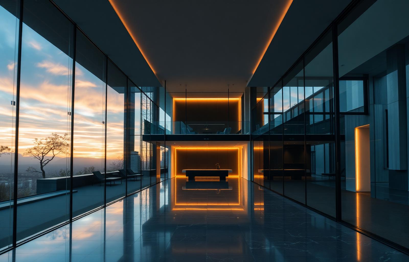 Modern interior with frameless glass walls at golden hour